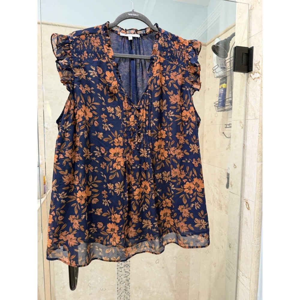Daniel Rainn Womens Blouse 2X Blue Orange Floral V-Neck Ruffle Sleeveless Top